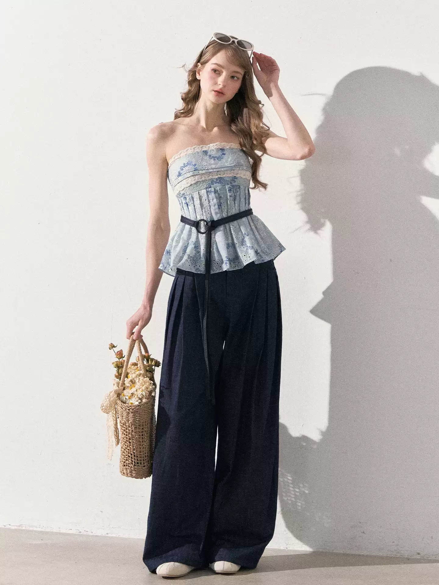 "Weekend Market" Blue Porcelain Peplum Tube Top