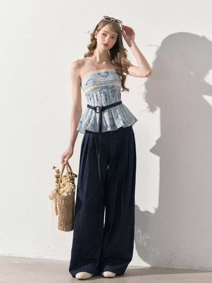 "Weekend Market" Blue Porcelain Peplum Tube Top