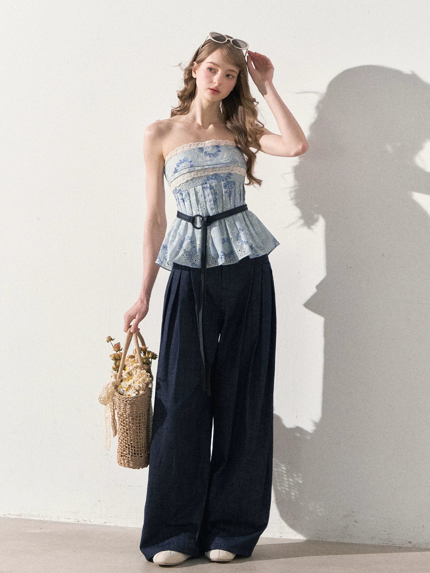 "Weekend Market" Blue Porcelain Peplum Tube Top