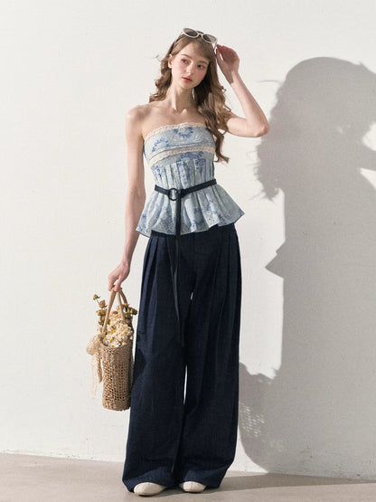 "Weekend Market" Blue Porcelain Peplum Tube Top