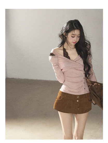 AOMALM - "Rose Garden Daydream" Misty Pink Korean Layered Lace Long-Sleeve Halter Top
