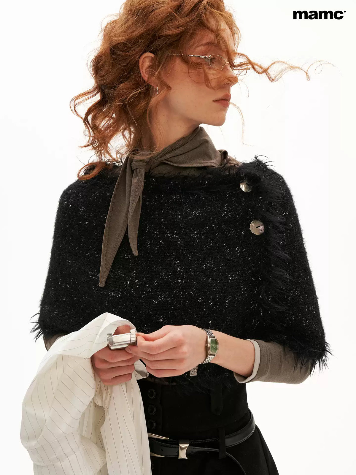 MAMC - Textured Two-Way Knit Scarf & Shawl with Long-Hair Fringe (Black / White)