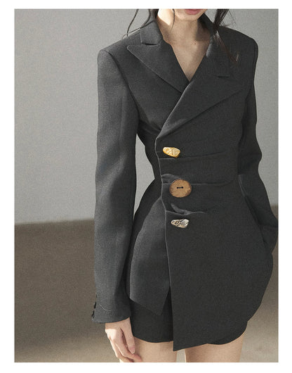 AOMALM - Deep Slate Gray Tailored Blazer & Shorts Set