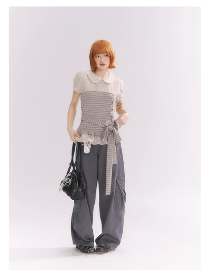 “Old Keepsake Letters” Frost Gray Doll Collar Lace Two-Piece Set