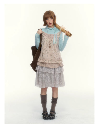 “Mint Milk Pudding” Mint Blue Lace-Trimmed Mock Neck Knit Top