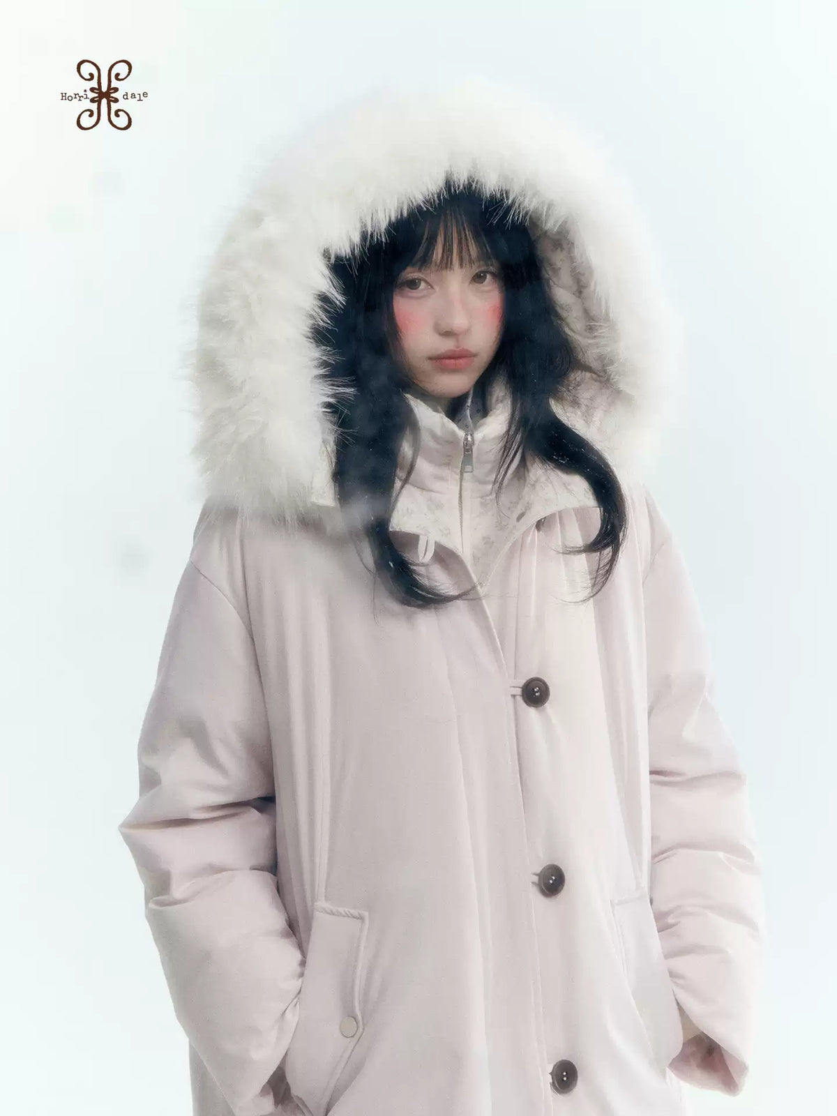 Horridale - Snow-Dusted Floral 90% White Duck Down Puffer Jacket (Light Peach Pink / Silver Gray)