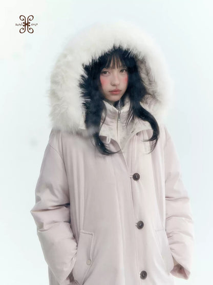 Horridale - Snow-Dusted Floral 90% White Duck Down Puffer Jacket (Light Peach Pink / Silver Gray)