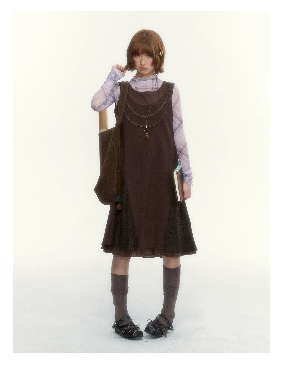 "Caramel Afterglow" Cocoa Brown Lace-Trim A-Line Dress Set with Purple Plaid Layering Top