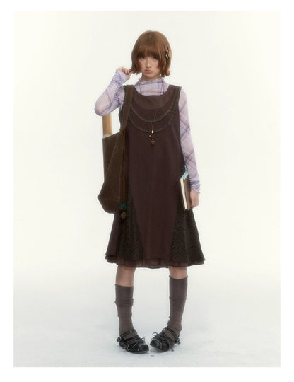 "Caramel Afterglow" Cocoa Brown Lace-Trim A-Line Dress Set with Purple Plaid Layering Top