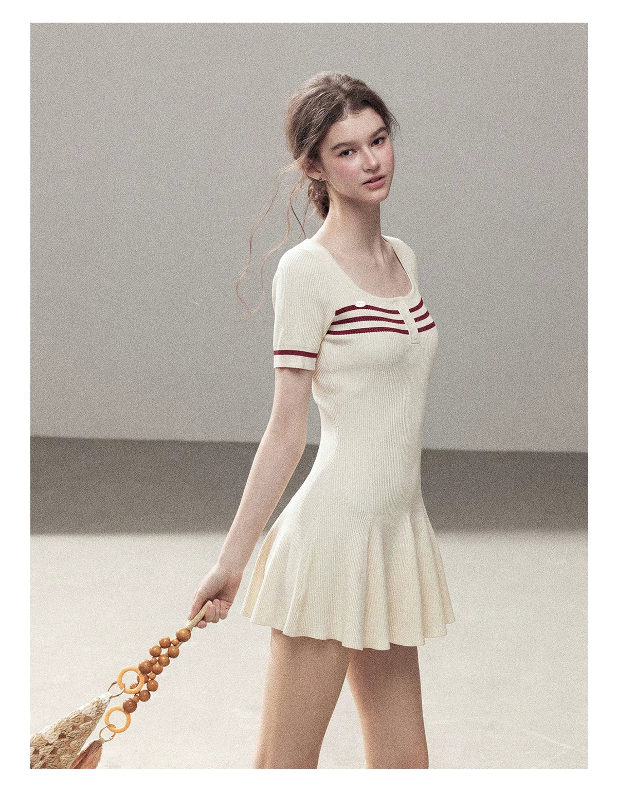 "First Date" Ivory Square Neck Knit Pleated Mini Dress