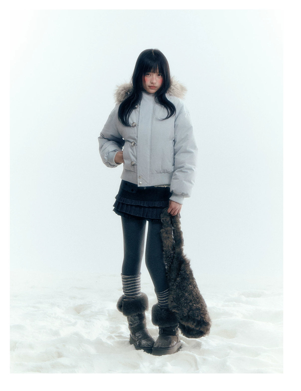 Horridale - Mist Blue Hooded Down Jacket with Detachable Faux Fur Collar