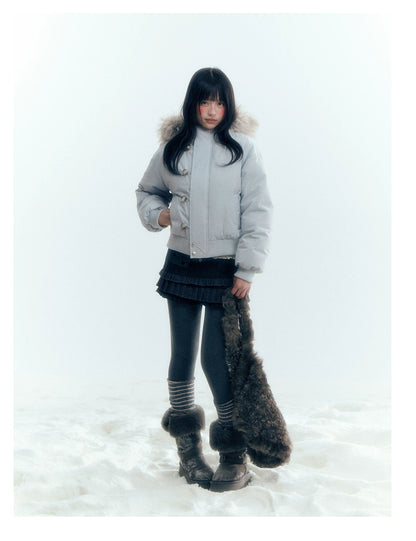 Horridale - Mist Blue Hooded Down Jacket with Detachable Faux Fur Collar