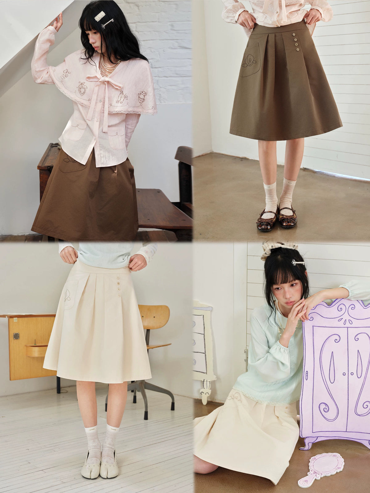 DAILY ARTIST - Coffee Brown Rose Embroidered Pleated A-Line Skirt