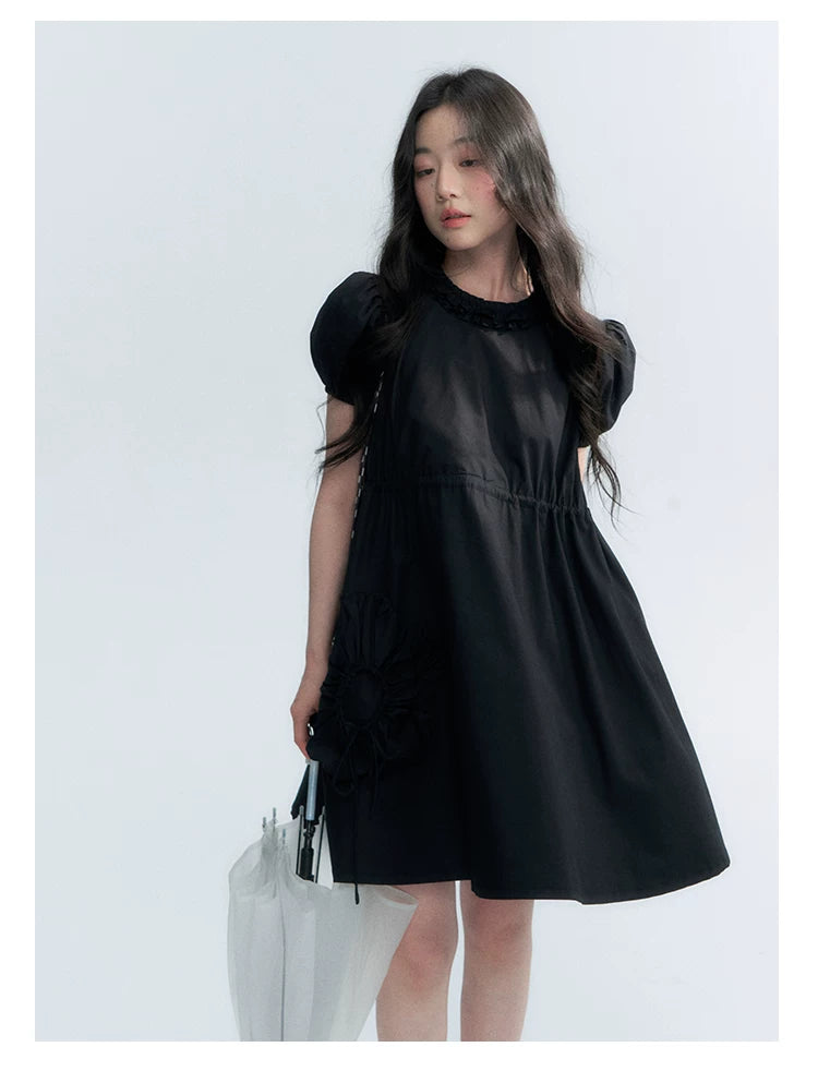 "Puff Doll Dress" Ruffle Trim Puff Sleeve Cotton A-Line Dress (White/ Black)