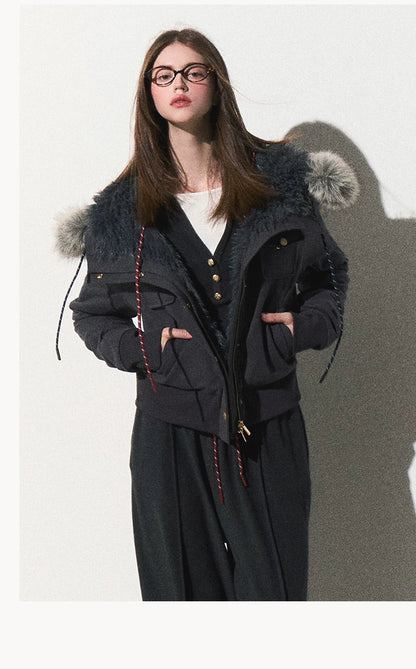OAKMOO/ "Energy & Freedom" Mocha Gray Fur-Collar Cropped Hoodie Jacket