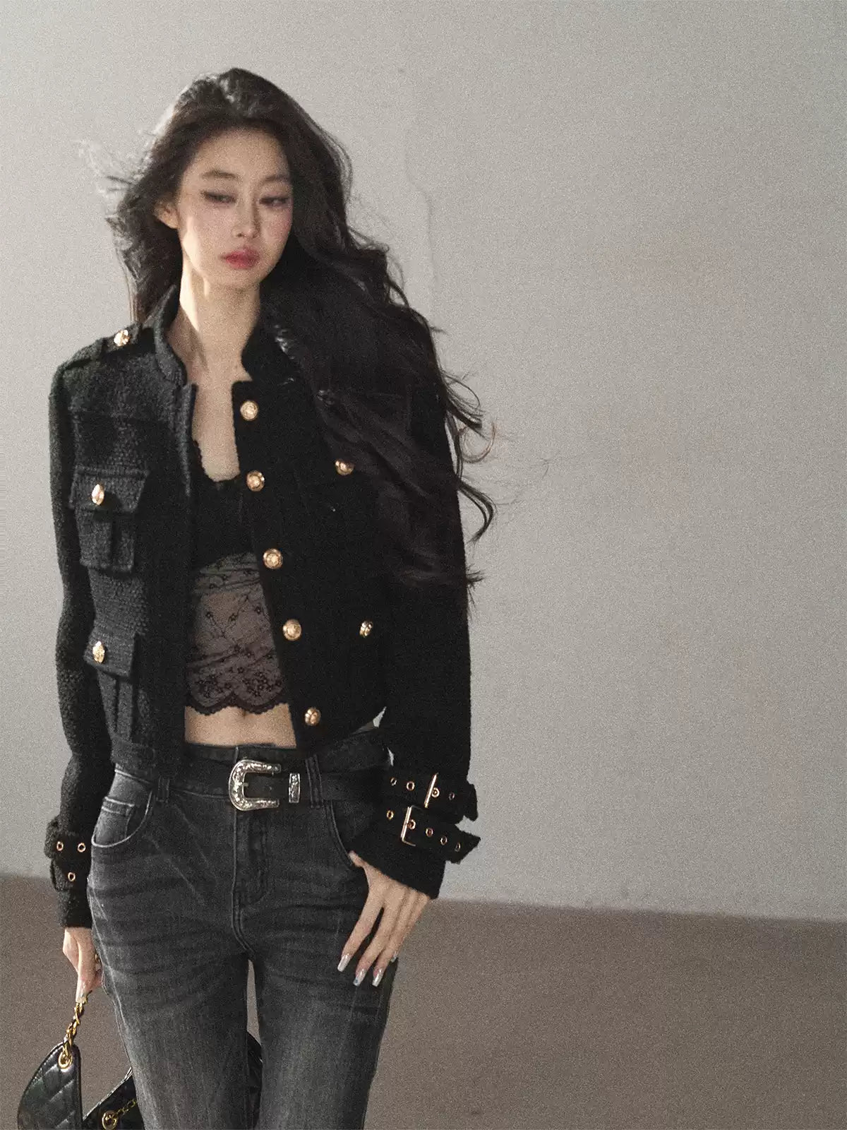 AOMALM - “Obsidian Wilderness” Black Cropped Multi-Pocket Tweed-Style Jacket