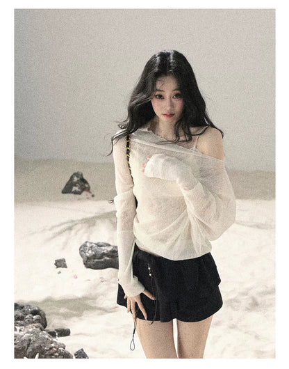 "Misty Veil Whisper" Holland Cheese Off-Shoulder Sheer Sun Protection Top 5345634