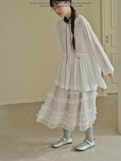 "Soft Polka Whisper" White Long Sleeve Babydoll Midi Dress