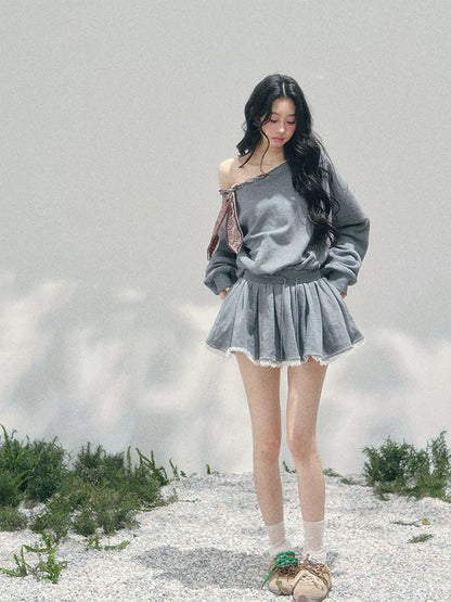 “The Wind Blushes” Lace Trim Off-Shoulder Sweatshirt Dress