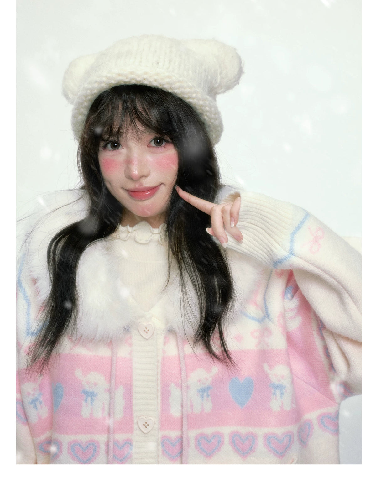 BIBIBENCY - Pink and White Hooded Knit Cardigan with Faux Fur Trim