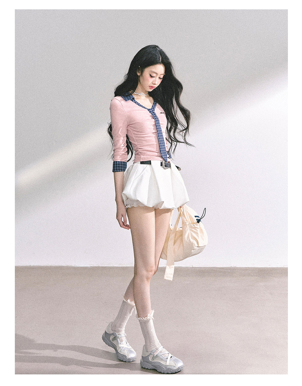 少也眼 "Han Gao Rolecard" Dual-Layer Illusion V-Neck Plaid Waist-Slimming Tee - Pink