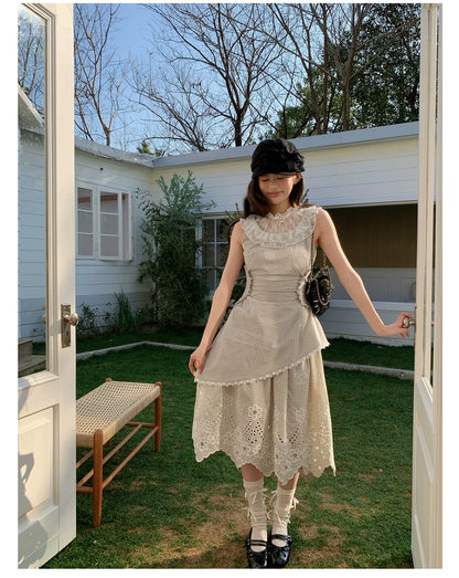 “Tea Garden Reverie” Light Apricot Plaid Embroidered Dress