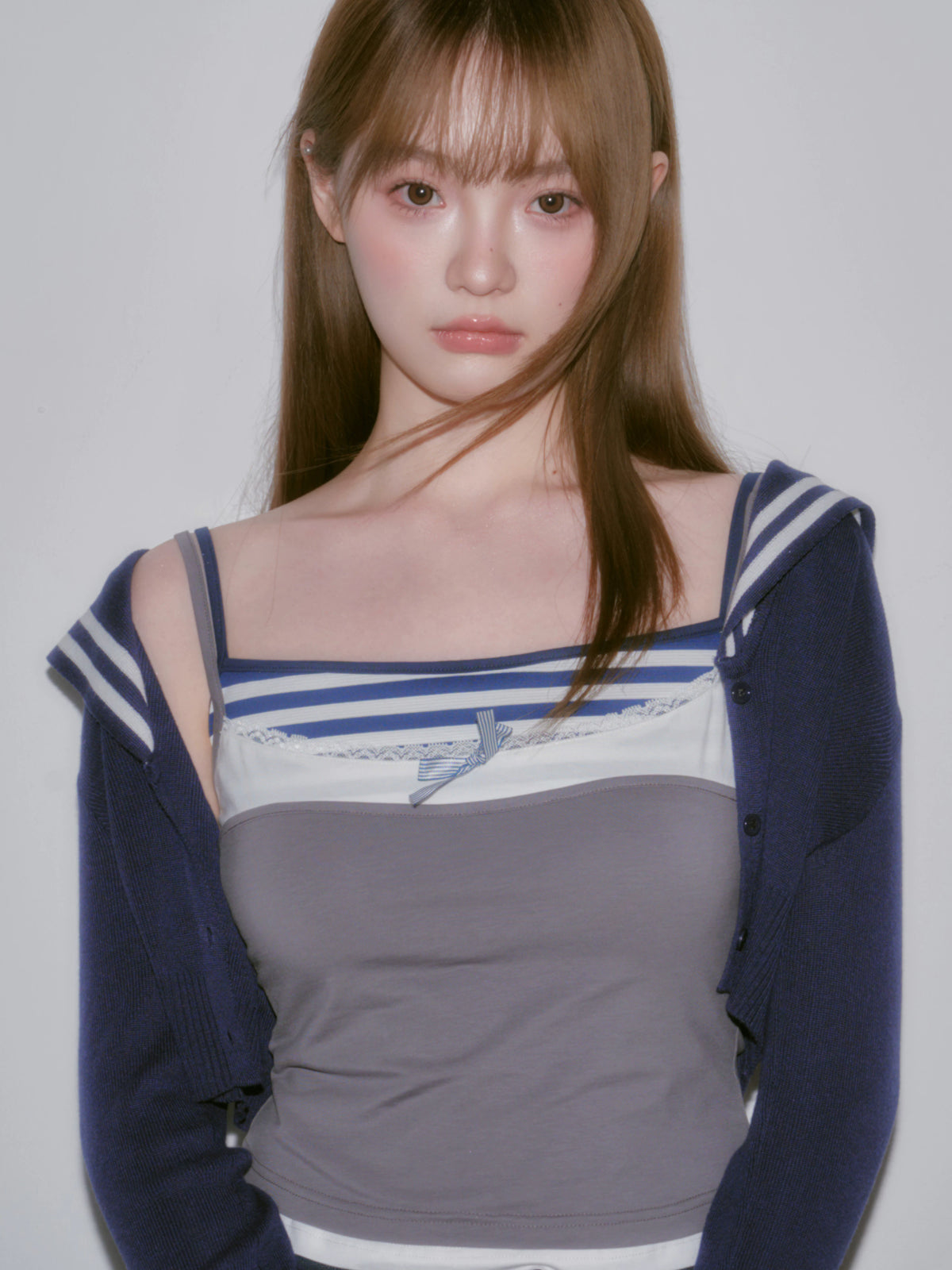 LOST FOREST - Blue Striped Faux-Layered Tank Top