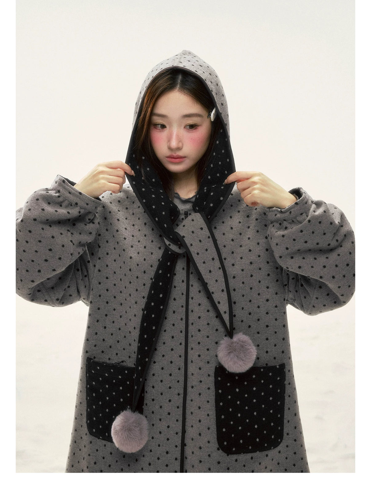 BIBIBENCY - Gray & Black Reversible Polka Dot Wool-Look Coat
