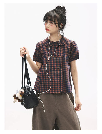 "Retro Plaid Sweetheart" Navy Orange Check Cotton Peter Pan Collar Blouse