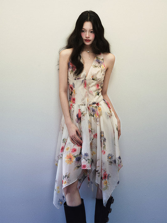 1P - “On The Ground” Watercolor Bloom Halter Midi Dress