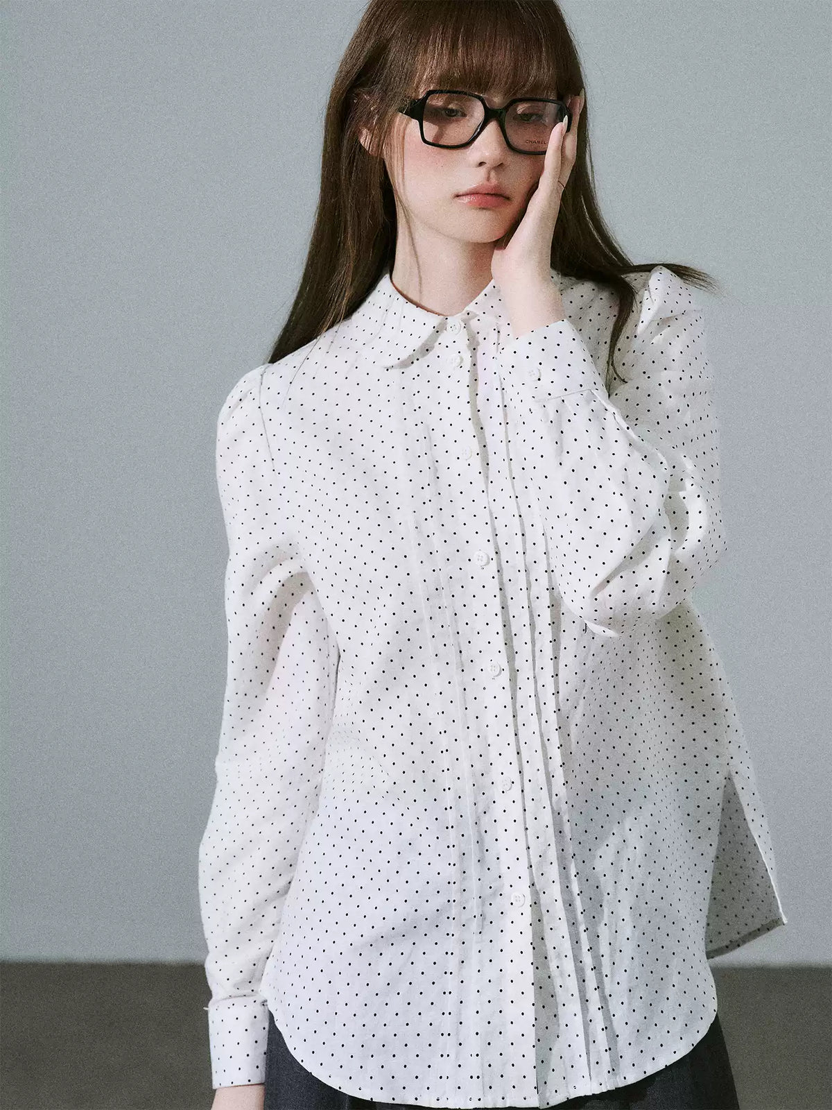 LOST FOREST - Flower Brooch Linen-Blend Shirt (Blue Stripe / Pink Stripe / Polka Dot)