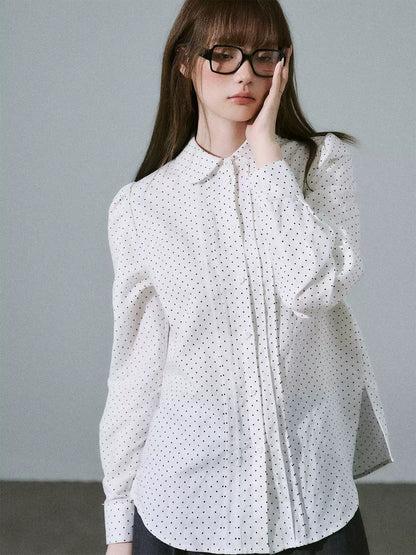 LOST FOREST - Flower Brooch Linen-Blend Shirt (Blue Stripe / Pink Stripe / Polka Dot)