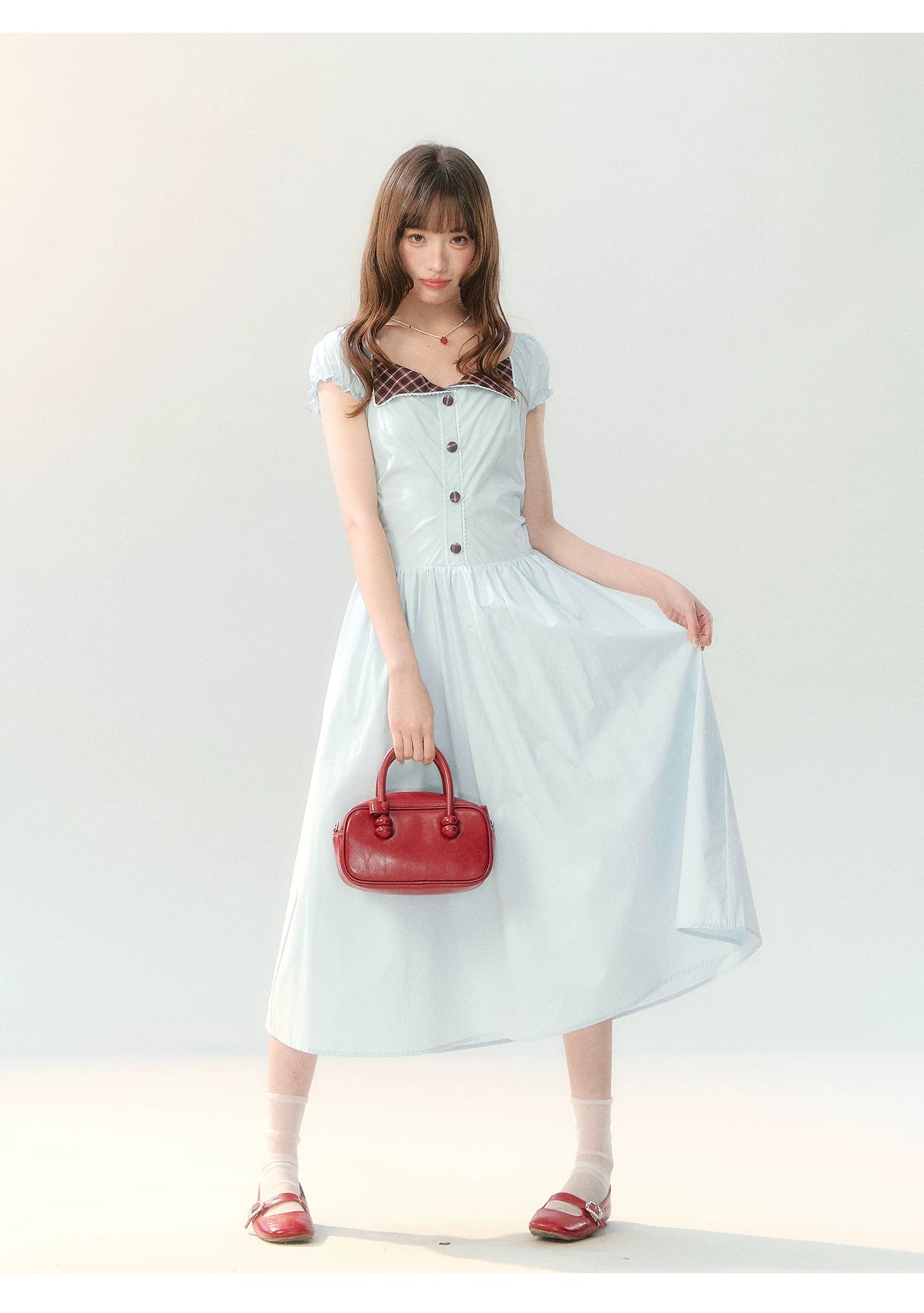 "Sakura Breeze Journal" Sea Blue Plaid Collar Dress LL2026226