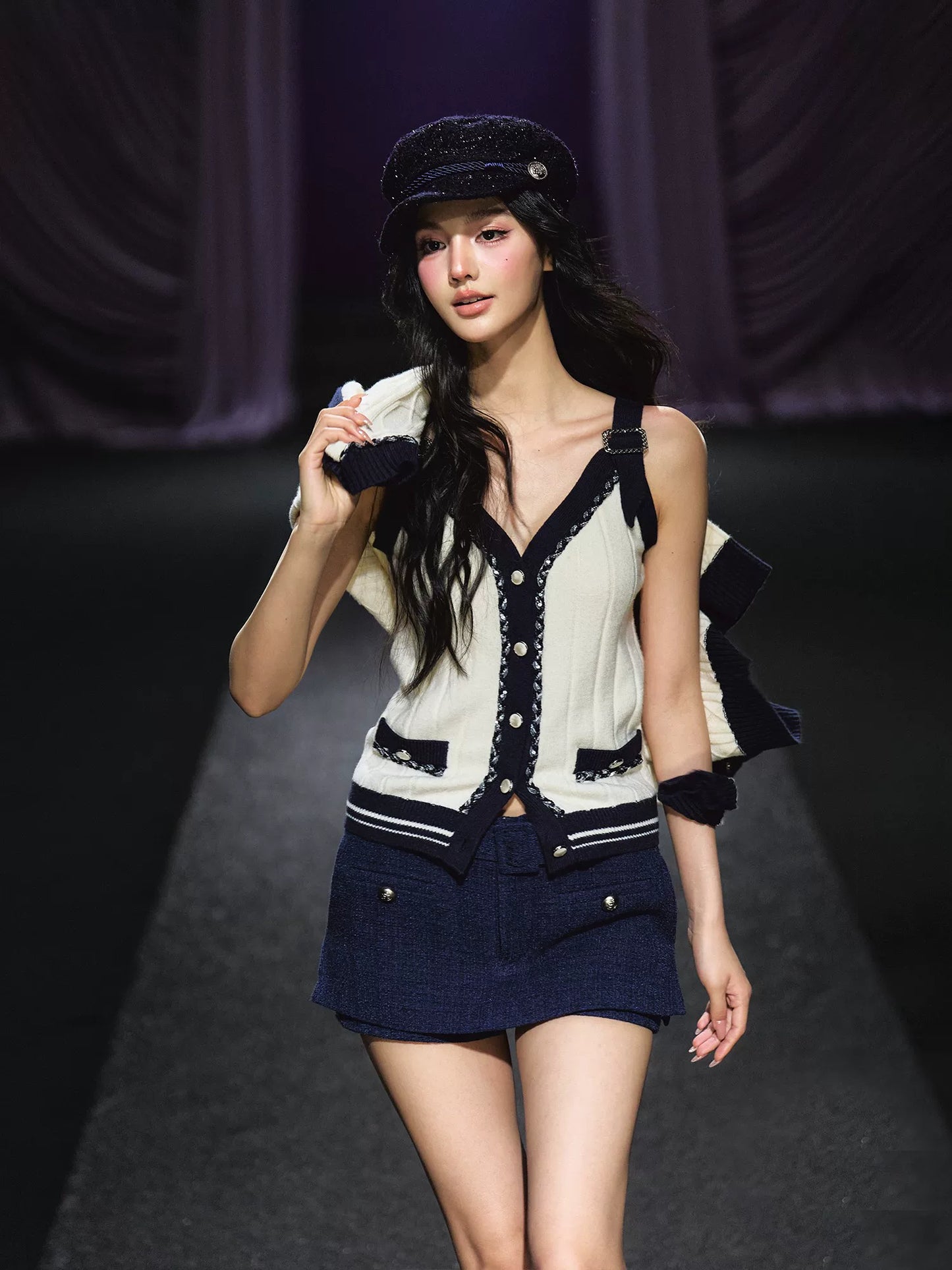 Contrast Knit Cardigan, V-Neck Tank & A-Line Skort Three-Piece Set