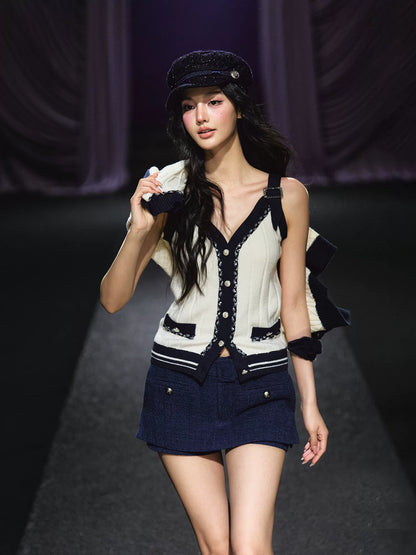 Contrast Knit Cardigan, V-Neck Tank & A-Line Skort Three-Piece Set
