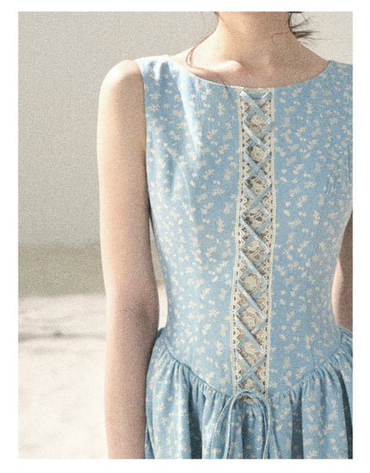 "Sage Summer" Haze Blue Lace Floral Puff Mini Dress