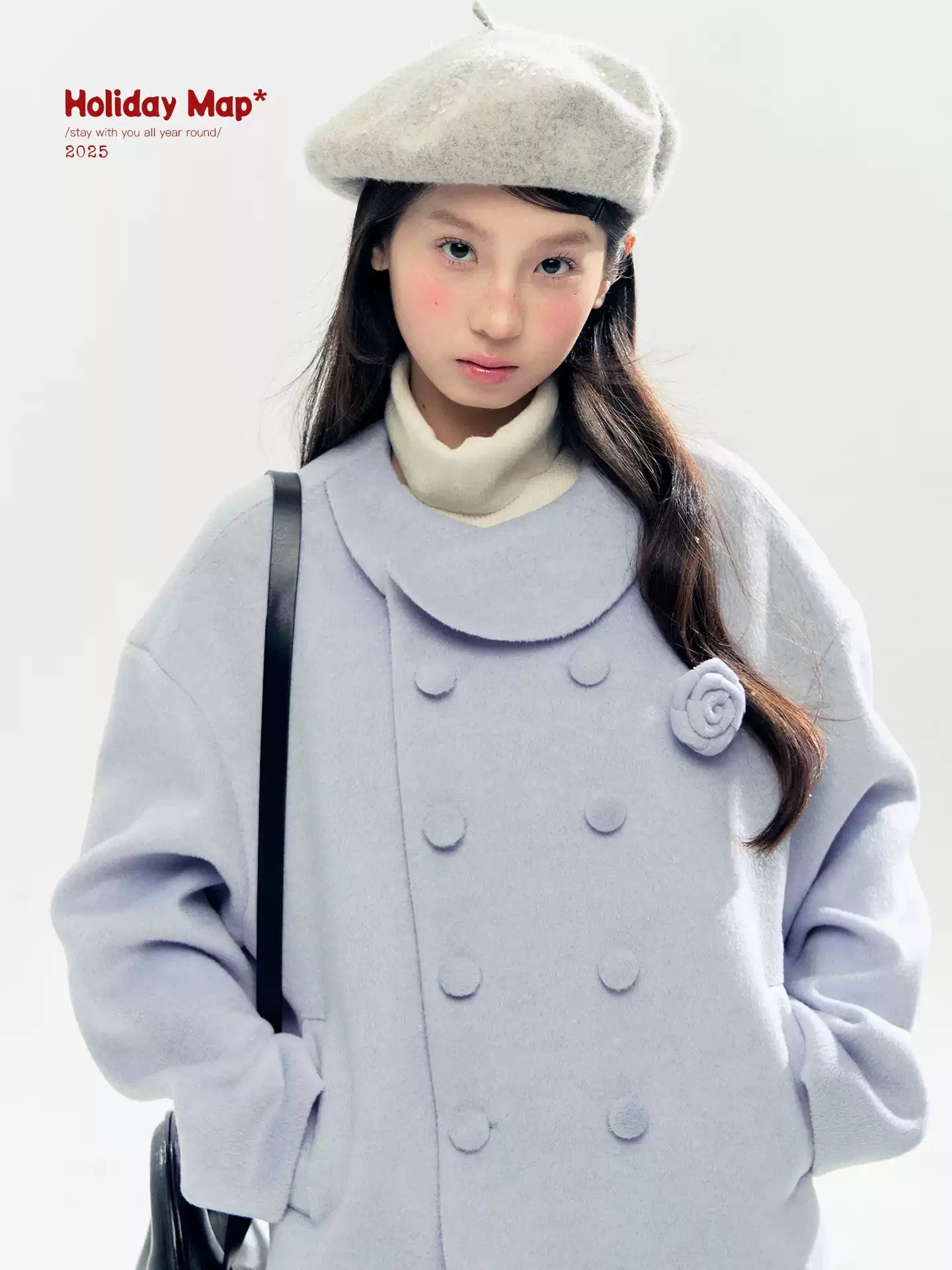 "Rose Manifesto" Frosted Blue Double-Breasted Quilted Wool-Blend Peacoat