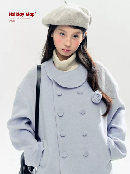 "Rose Manifesto" Frosted Blue Double-Breasted Quilted Wool-Blend Peacoat