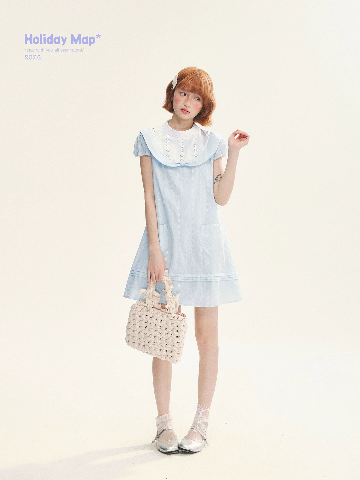 "Sea Salt Fizz" Baby Blue Cutout Embroidered Peter Pan Collar Puff Sleeve A-Line Dress