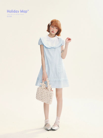 "Sea Salt Fizz" Baby Blue Cutout Embroidered Peter Pan Collar Puff Sleeve A-Line Dress