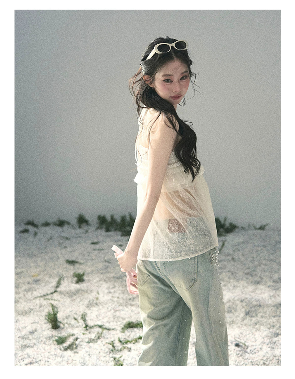 “Shattered Glasslight Veil” Cream Lace Halter Twinset Top