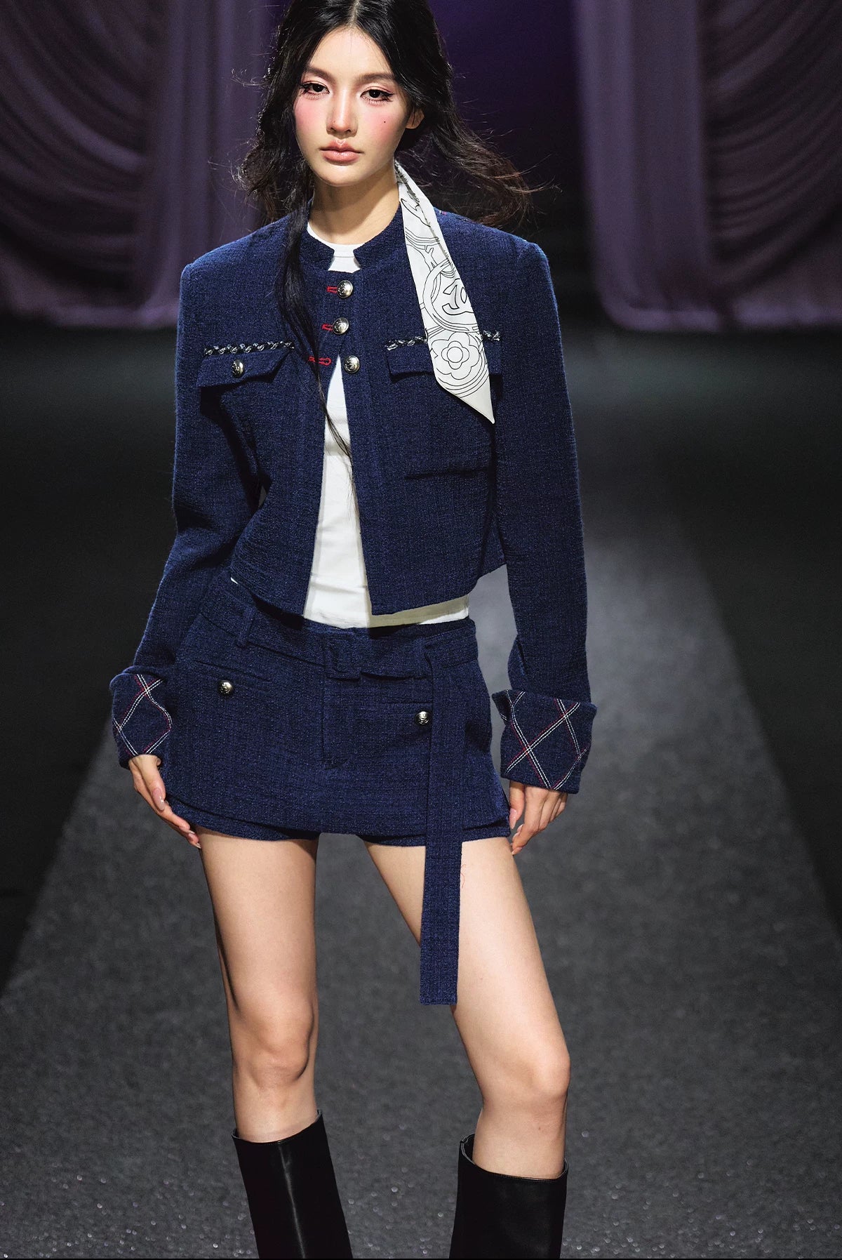 "Midnight Atelier" Navy Wool Quilted Jacket & A-Line Skort Set