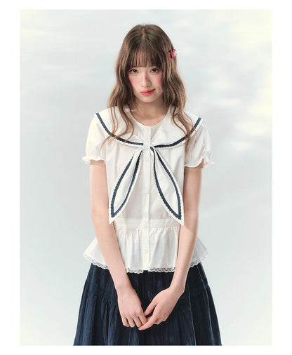 “Letter from Sea Isle” White & Navy Sailor Collar Blouse and Tiered Skirt Set