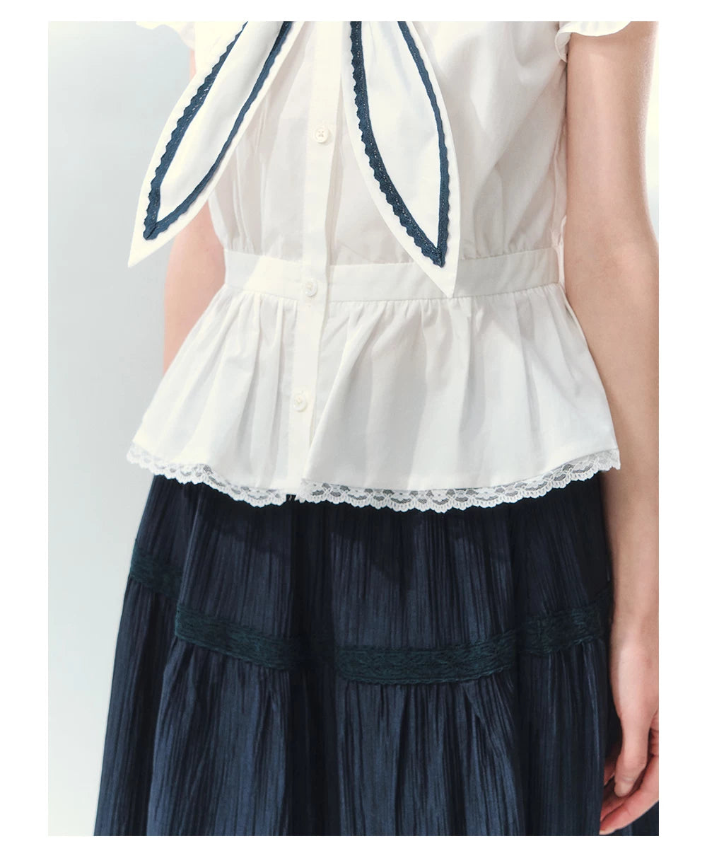 “Letter from Sea Isle” White & Navy Sailor Collar Blouse and Tiered Skirt Set