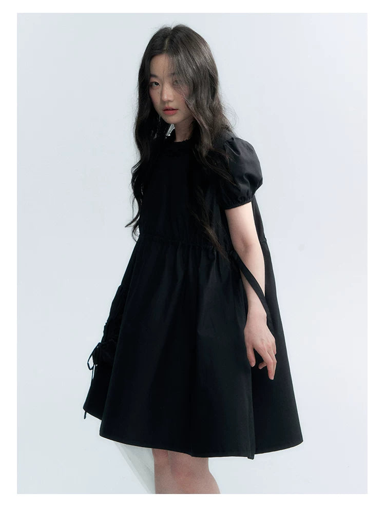 "Puff Doll Dress" Ruffle Trim Puff Sleeve Cotton A-Line Dress (White/ Black)