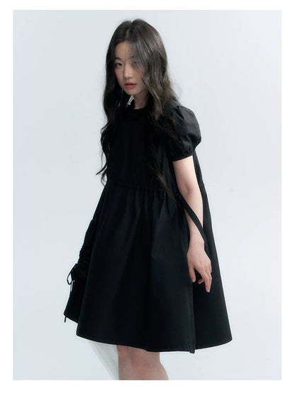 "Puff Doll Dress" Ruffle Trim Puff Sleeve Cotton A-Line Dress (White/ Black)