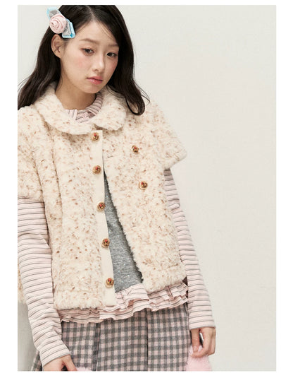 [RF] Cream Beige & Chestnut Speckle Plush Short-Sleeve Vest Jacket with Peter Pan Collar