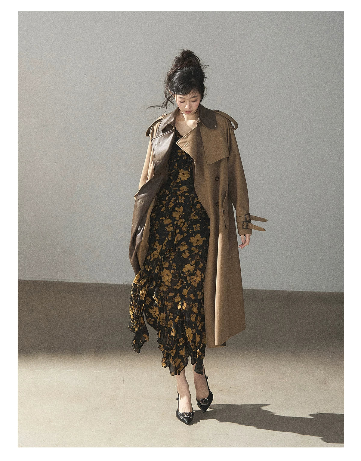 AOMALM - Chestnut Brown Long A-Line Trench Coat with Belt