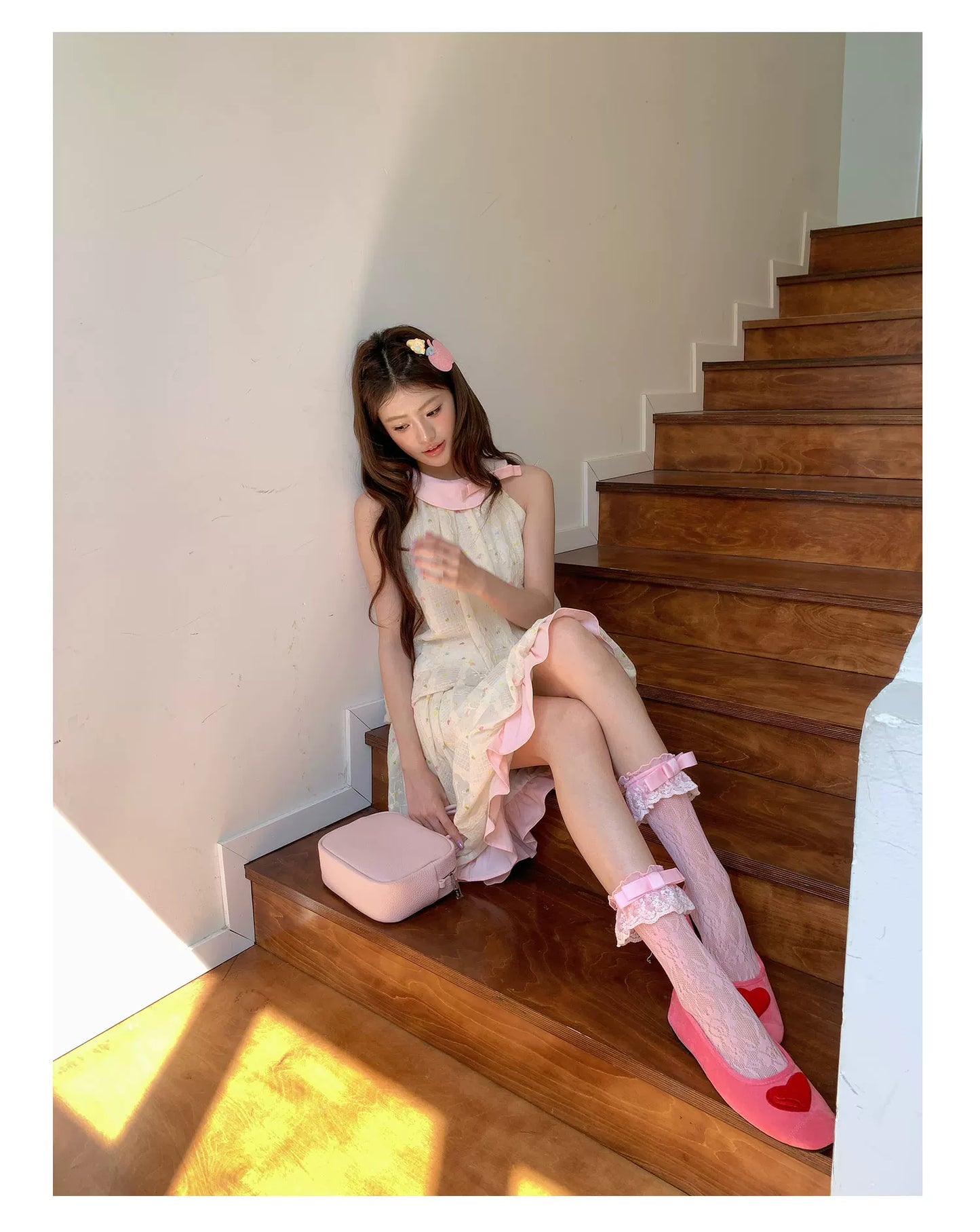 “Peach Cream Brioche” Cream Apricot Floral Bubble Skirt Set