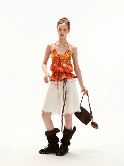 White Lace Trim Relaxed Cotton Shorts